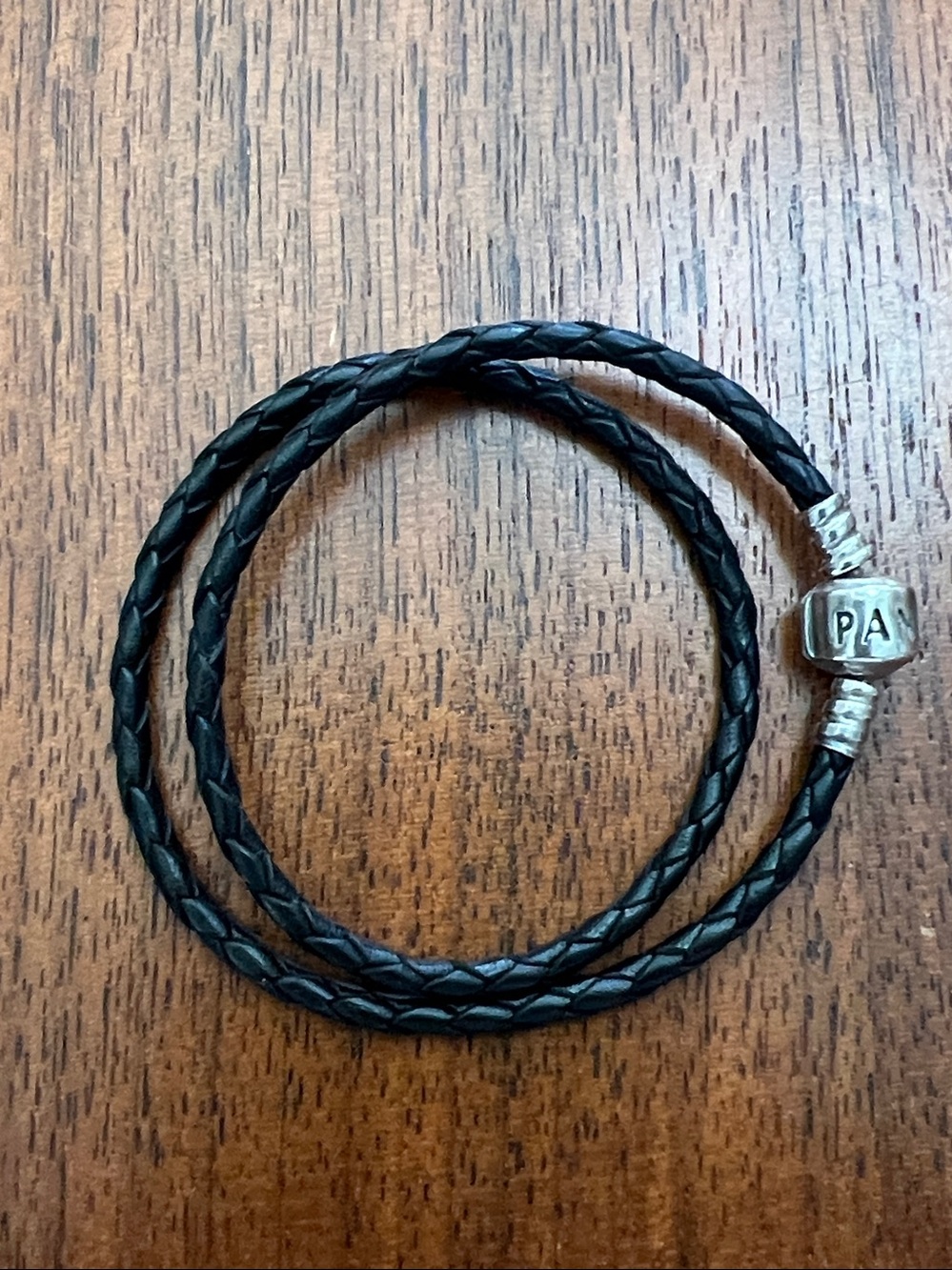 Pandora black leather bracelet with sterling silver clasp